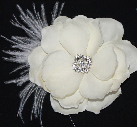 Ivory Birdcage Veil with Flower Fascinator, Rhinestone Wedding Headpiece