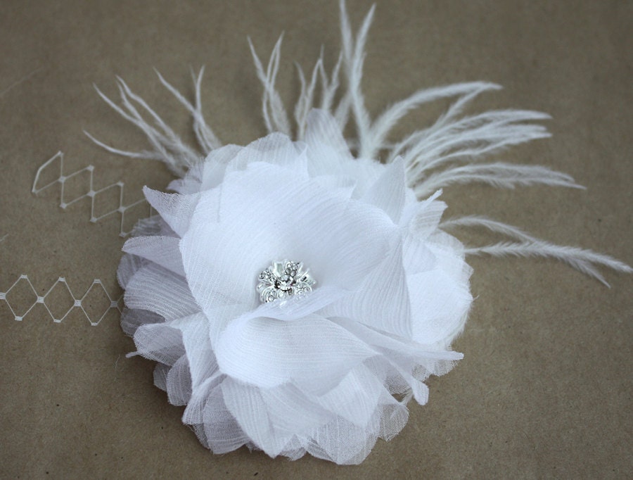 Luxurious White Peony 100% silk and Crystal Ostrich Feather Hair Flower wedding - Renata