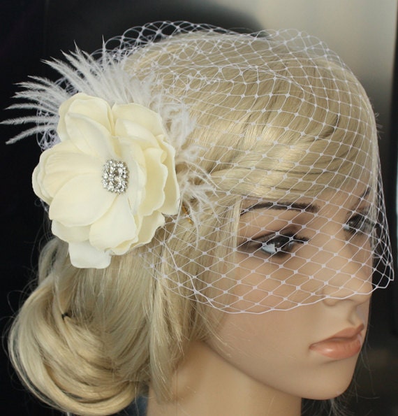 Ivory Birdcage Veil with Flower Fascinator, Rhinestone Wedding Headpiece