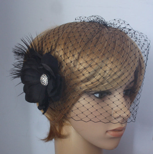 Black Birdcage Veil with Detachable Flower Fascinator: Bridal Headpiece