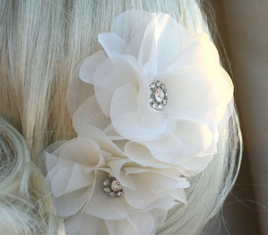 Ivory Silk Organza Peony Hair Clip: Bridal Wedding Hair Piece