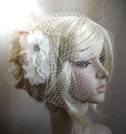 Ivory Silk Organza Flower Hair Clip with Birdcage Veil - Bridal Ceremony or Reception