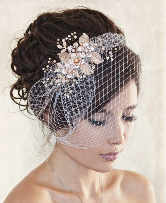 Gold Birdcage Veil: Pearl & Crystal Rhinestone Hair Clip, French Netting