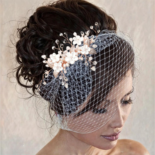 Bridal Birdcage Veil Headband: Clay Flowers, Pearls & Crystal - Handmade