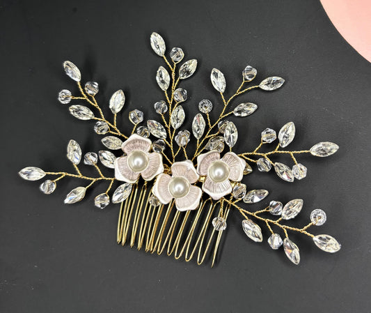 Floral Bridal Hair Comb: Gold Pearl Crystal Wedding Hairpiece