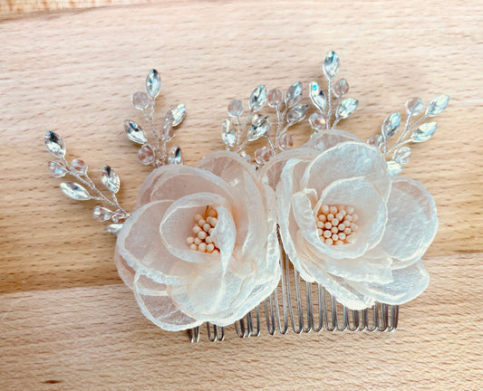 Floral Bridal Hair Comb: Organza Flower, Crystal Rhinestone Headpiece