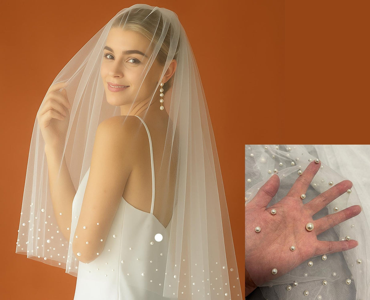 Pearl Edged Tulle Wedding Veil: Fingertip or Floor Length