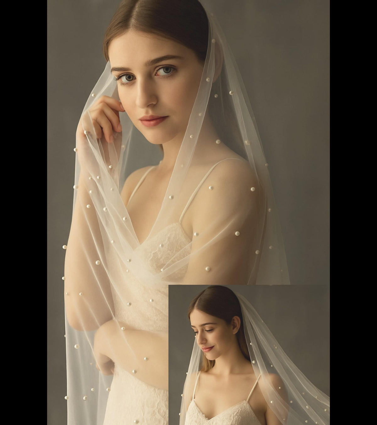 Chapel Wedding Veil: Scattered Pearls, Ivory Tulle, Silver Comb