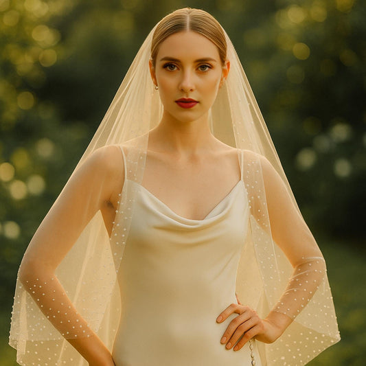 Pearl Edged Tulle Fingertip Veil: Short Bridal Veil with Comb