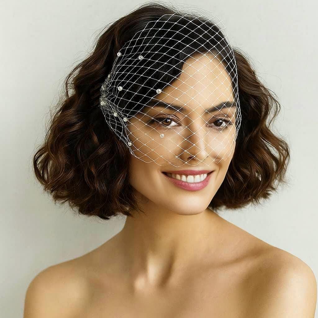 9" Pearl Bandeau Birdcage Veil: Vintage French Netting Bridal Veil