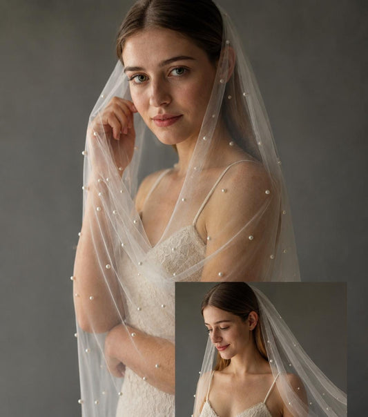 Fingertip Pearl Wedding Veil: Tulle Bridal Veil with Comb