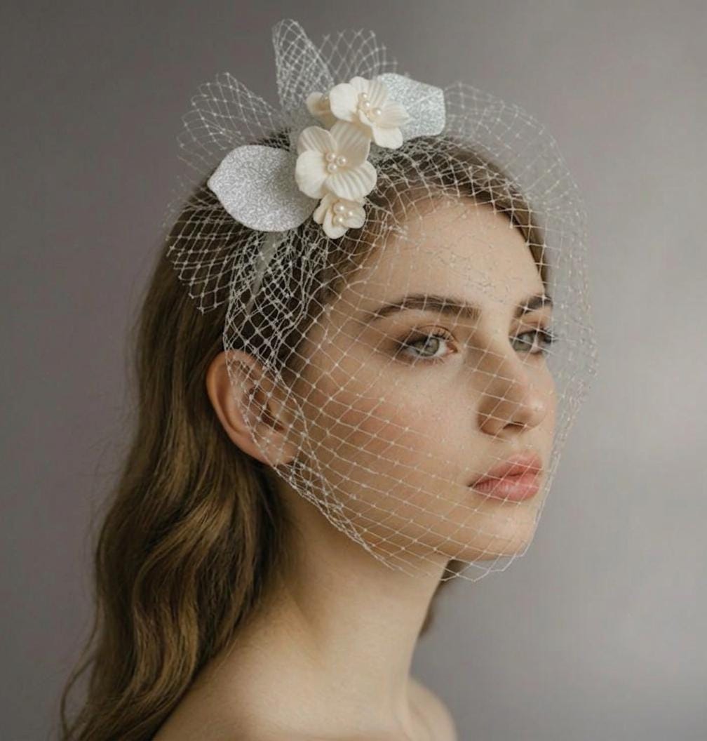 Ivory Birdcage Veil with Ceramic Flowers & Real Silver Leaves, Floral French Net Veil