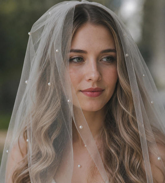 Fingertip Length Pearl Wedding Veil: Tulle Bridal Veil with Comb