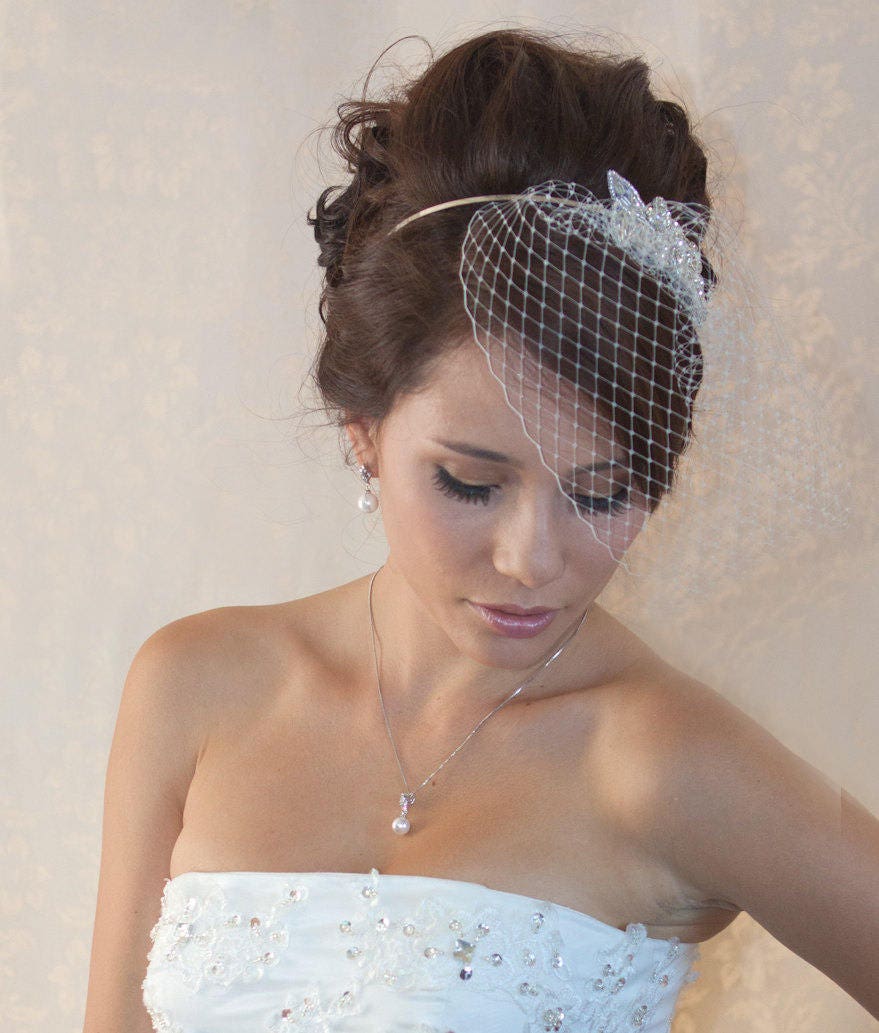 Birdcage Veil Headband: White Clay Flowers, Pearls & Crystal - Wired Comb