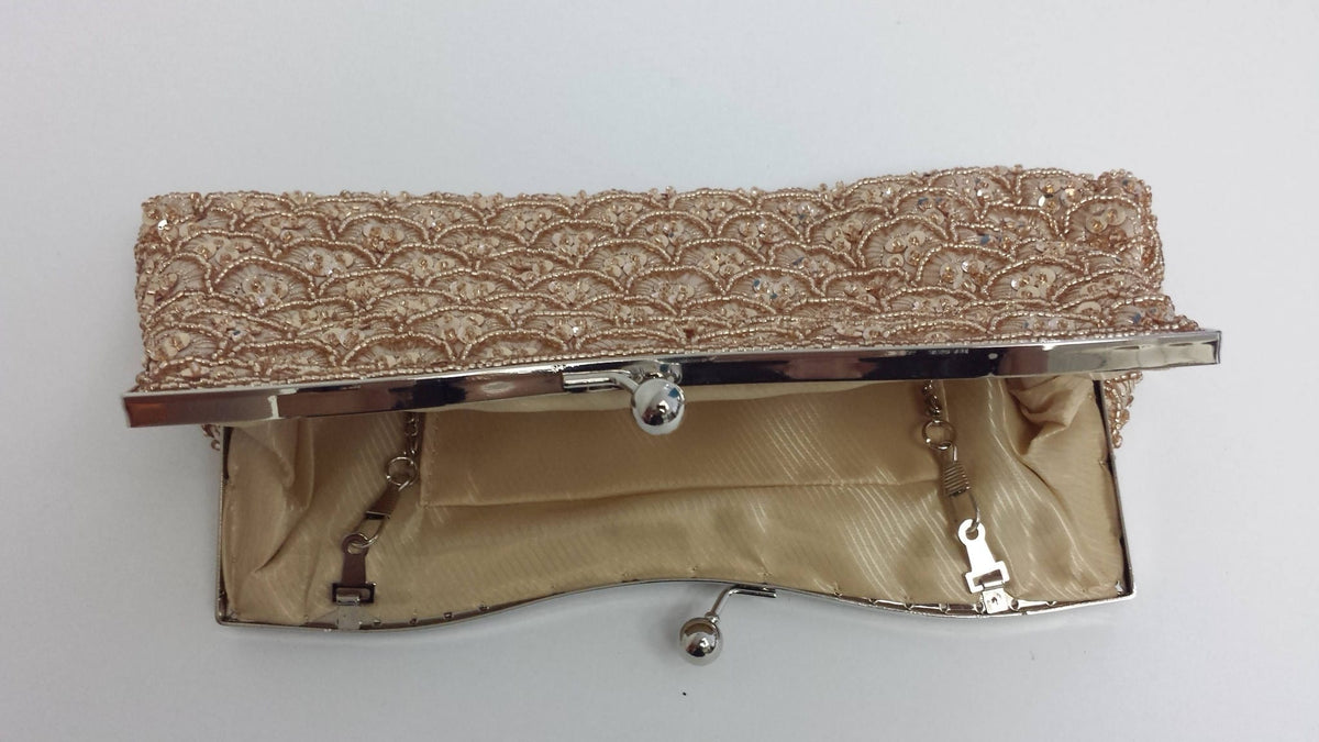 Hand Beaded Champagne Satin Bridal Clutch with Optional Crystal Brooch