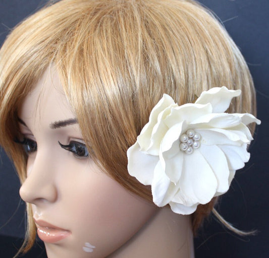 Gardenia Hair Comb wedding headPiece  Fascinator-ivory cream Swarovski Pearls Clip