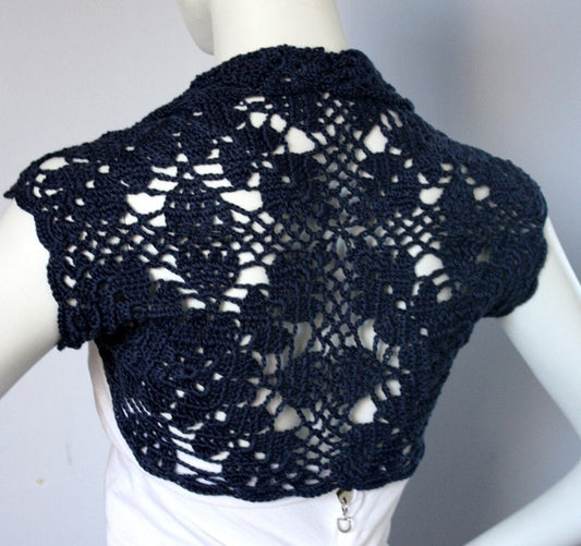 Luxurious Bridal Silk / Cashmere Shrug handknit /crochet wedding bolero Dark Blue Size M