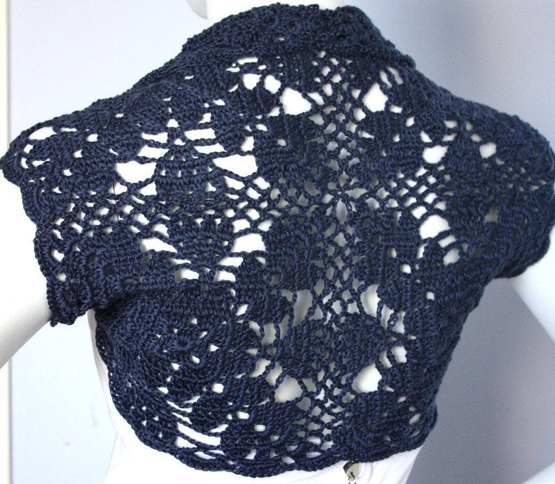 Luxurious Bridal Silk / Cashmere Shrug handknit /crochet wedding bolero Dark Blue Size M