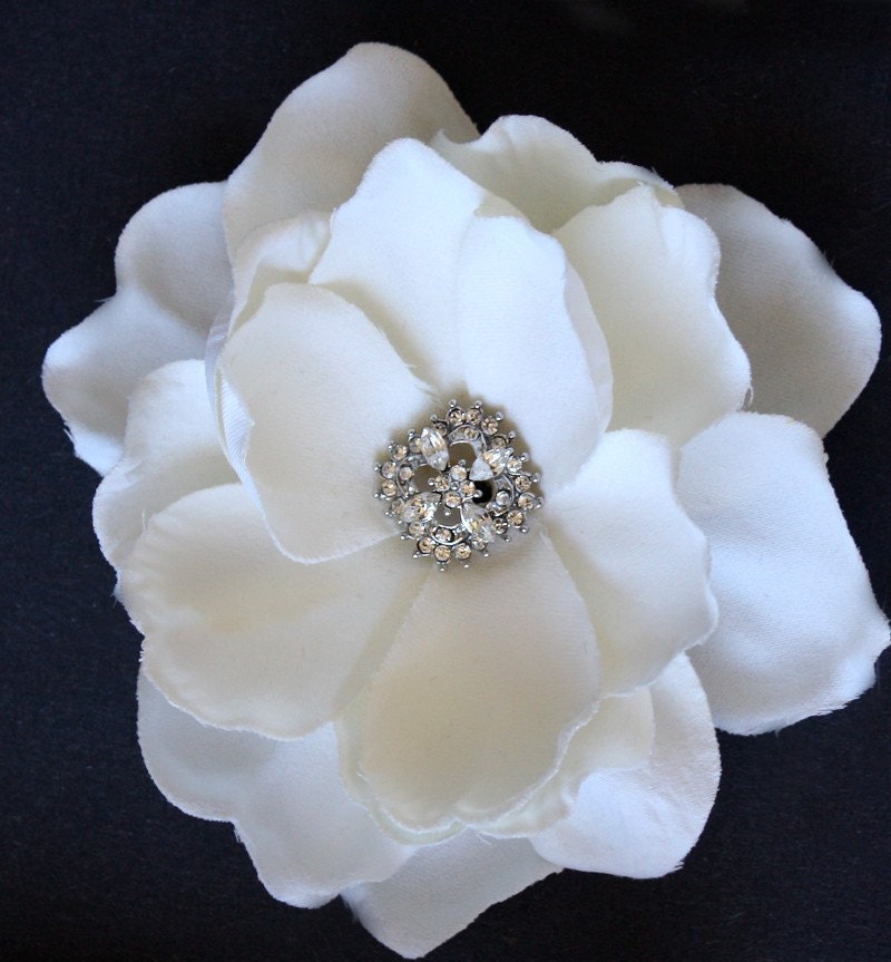 Ivory Bridal Hair Flower Clip: Rhinestone Wedding Headpiece