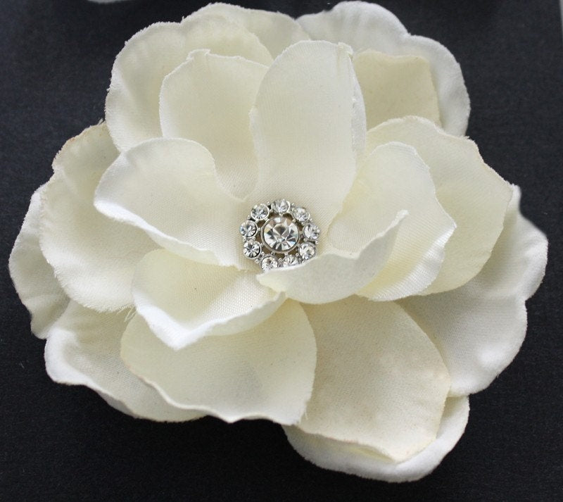 Handmade Ivory Gardenia Bridal Hair Flower with Rhinestone Clip or Comb