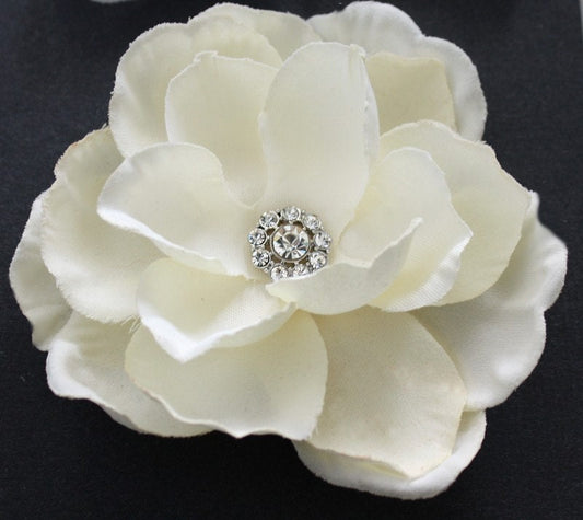 Handmade Ivory Gardenia Bridal Hair Flower with Rhinestone Clip or Comb