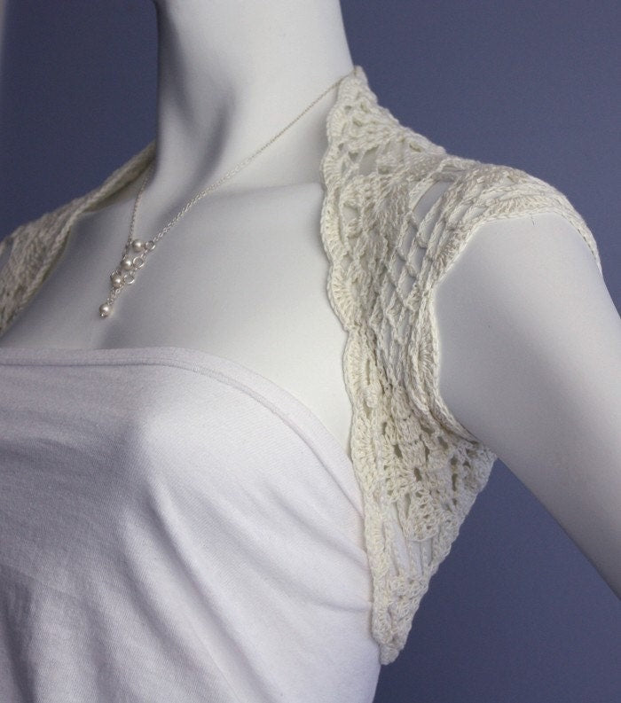 White Bamboo Bolero hand knit crochet Shrug - Bridal Wedding size S, M, L