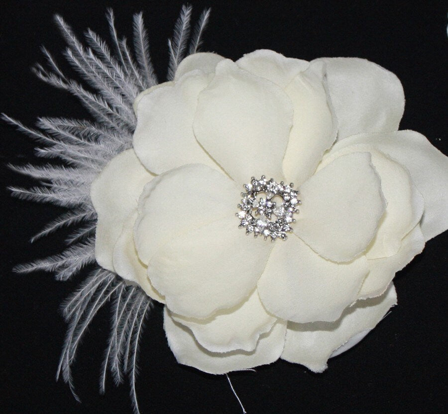 Ivory Birdcage Veil with Flower Fascinator, Rhinestone Wedding Headpiece