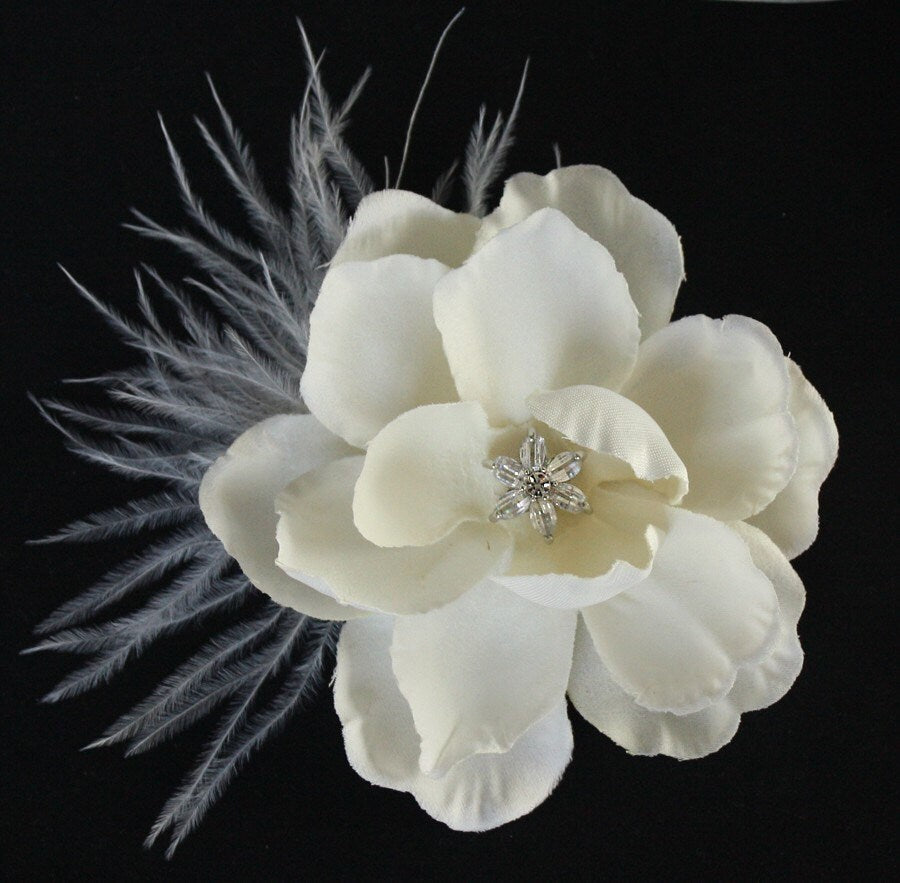 Ivory Gardenia Feather Hair Clip: CZ Rhinestone Wedding Headpiece
