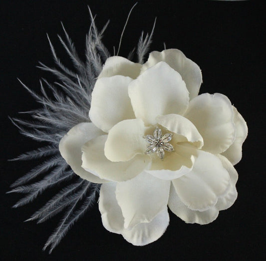 Ivory Gardenia Feather Hair Clip: CZ Rhinestone Wedding Headpiece