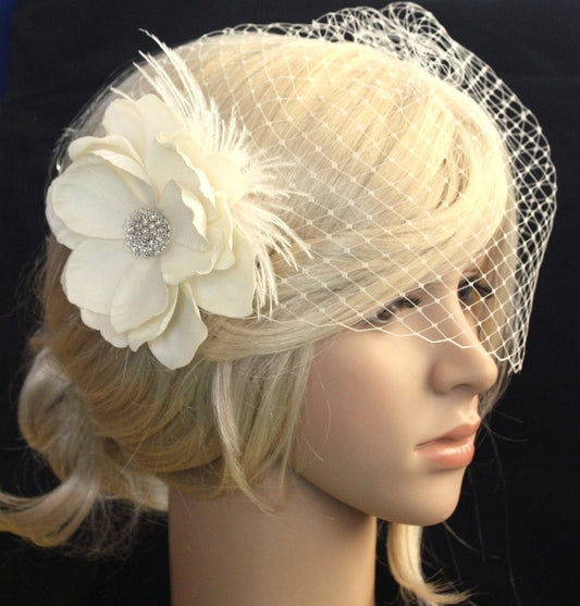 Bridal Birdcage veil Blusher and flower (Evelyn)  - 2 items