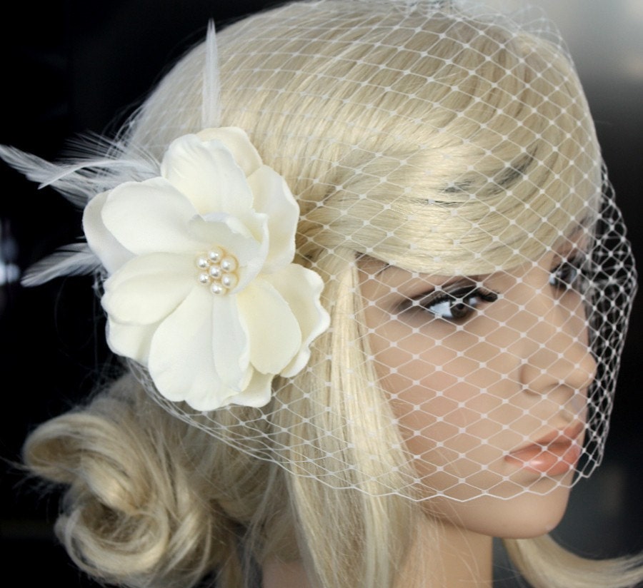 Ivory Birdcage Veil with Feather & Silk Flower, Bandeau Bridal Veil