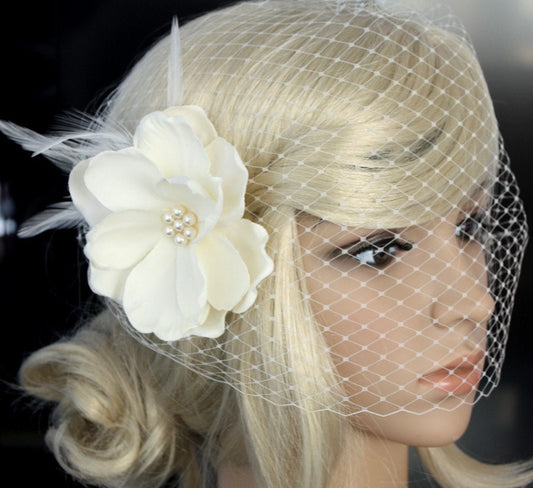 Ivory Birdcage Veil with Feather & Silk Flower, Bandeau Bridal Veil