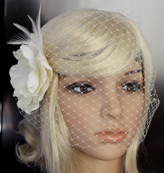 Ivory Birdcage Veil with Feather & Silk Flower, Bandeau Bridal Veil