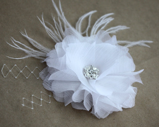 Luxurious White Peony 100% silk and Crystal Ostrich Feather Hair Flower wedding - Renata