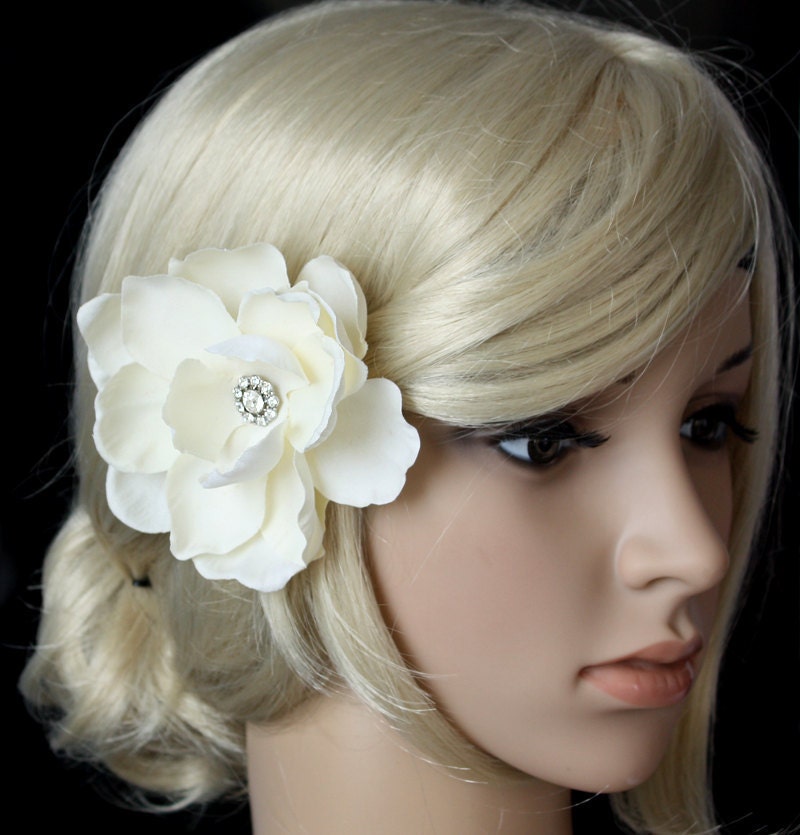 Handmade Ivory Gardenia Bridal Hair Flower with Rhinestone Clip or Comb