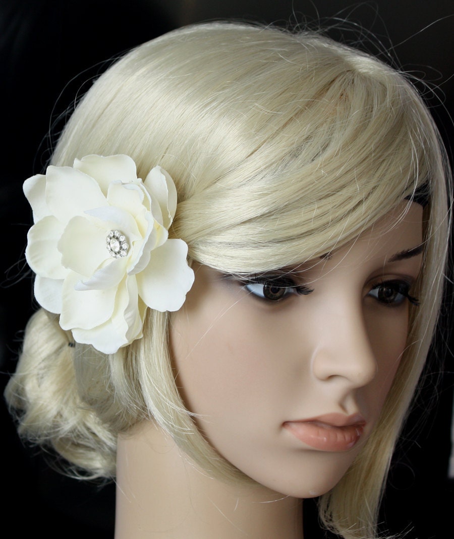 Handmade Ivory Gardenia Bridal Hair Flower with Rhinestone Clip or Comb