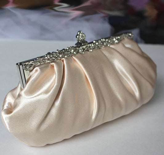 Bridal Clutch: Ivory Satin Evening Bag with Crystal Feather Brooch