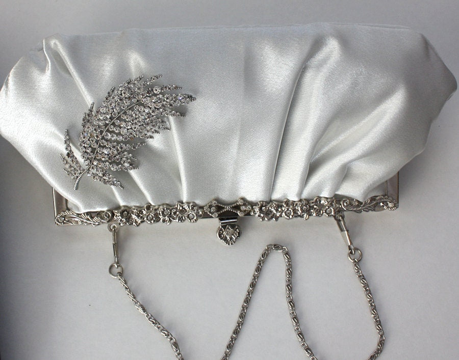 Bridal Clutch: Ivory Satin Evening Bag with Crystal Feather Brooch