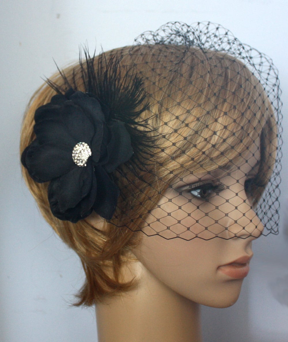Black Birdcage Veil with Detachable Flower Fascinator: Bridal Headpiece