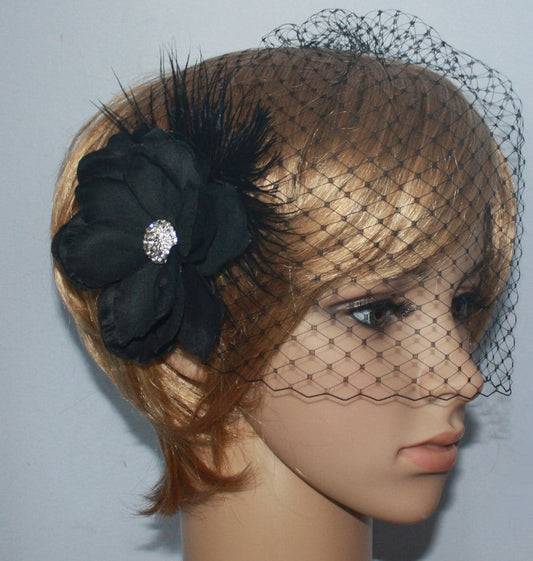 Black Birdcage Veil with Detachable Flower Fascinator: Bridal Headpiece