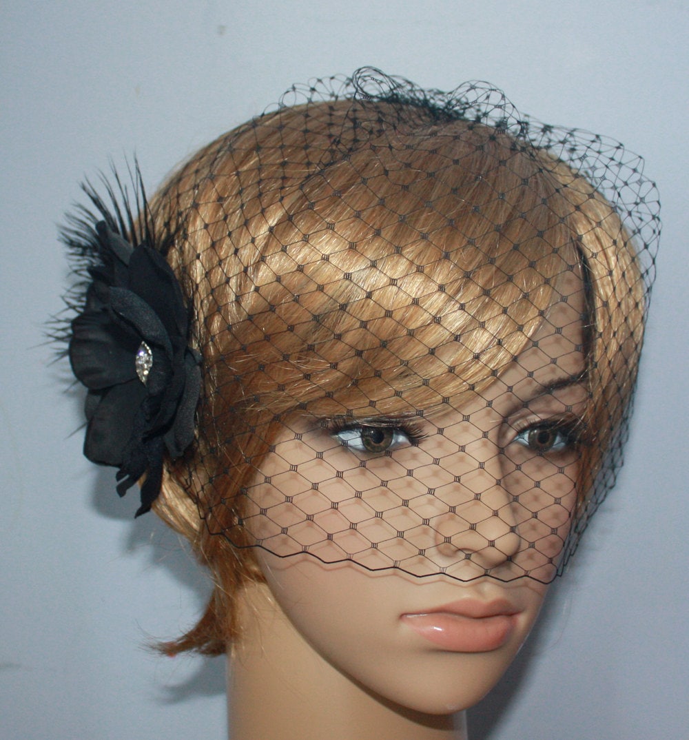 Black Birdcage Veil with Detachable Flower Fascinator: Bridal Headpiece