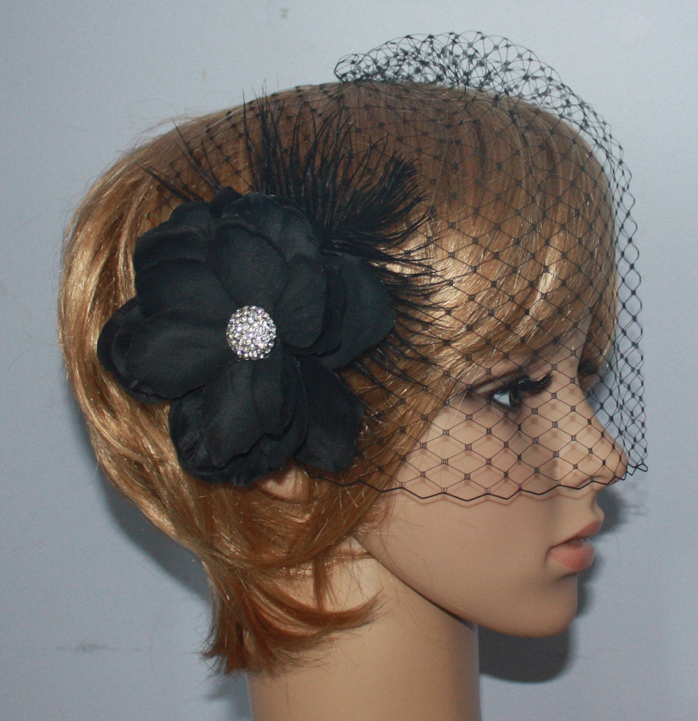Black Birdcage Veil with Detachable Flower Fascinator: Bridal Headpiece