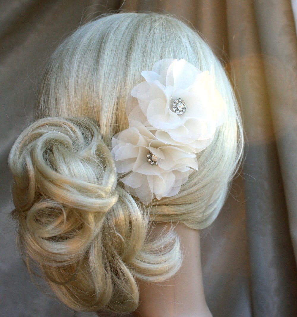 Ivory Silk Organza Peony Hair Clip: Bridal Wedding Hair Piece