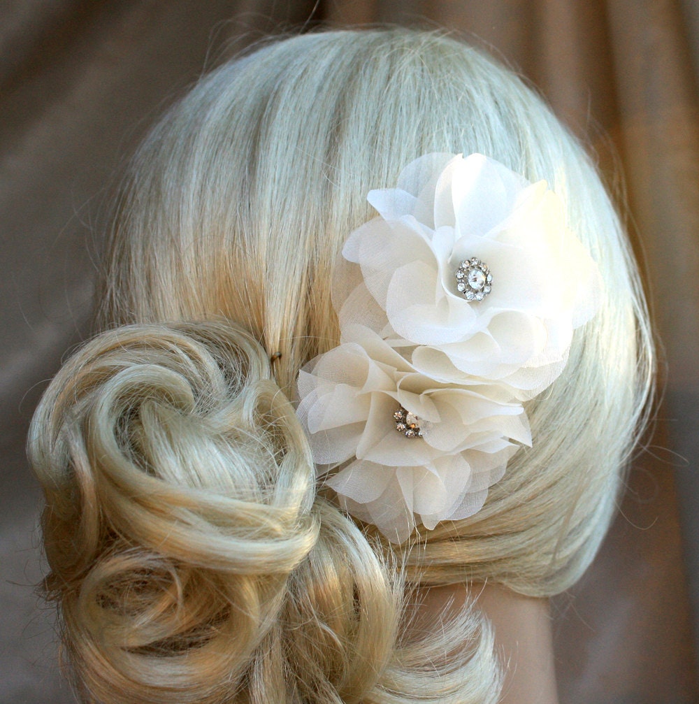 Ivory Silk Organza Peony Hair Clip: Bridal Wedding Hair Piece