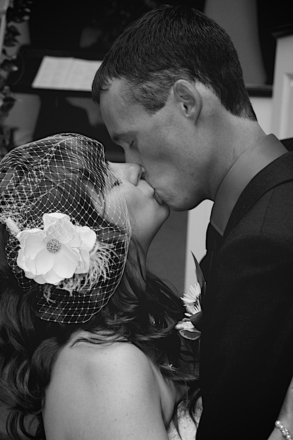 Vintage inspired Birdcage Veil and Detachable Bridal Fascinator Blusher hair flower Wedding Reception - Evelyn