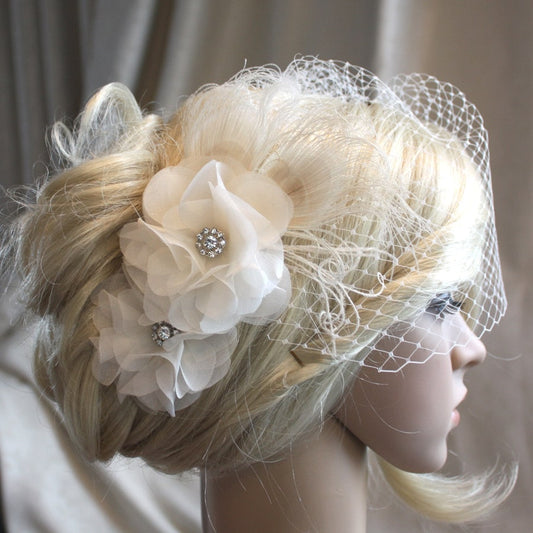 Ivory Silk Organza Flower Hair Clip: Rhinestone Peony Wedding Hair Piece