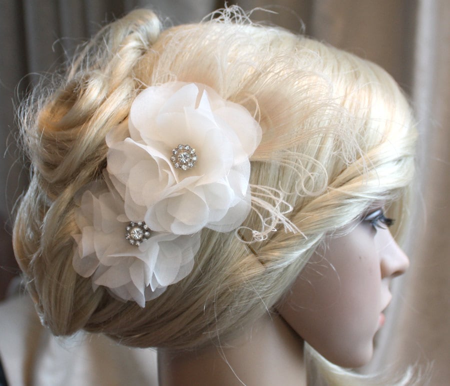 Ivory Silk Organza Flower Hair Clip: Rhinestone Peony Wedding Hair Piece