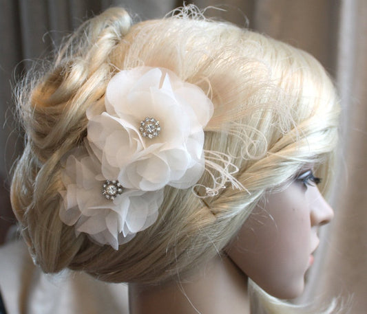 Ivory Silk Organza Flower Hair Clip: Rhinestone Peony Wedding Hair Piece