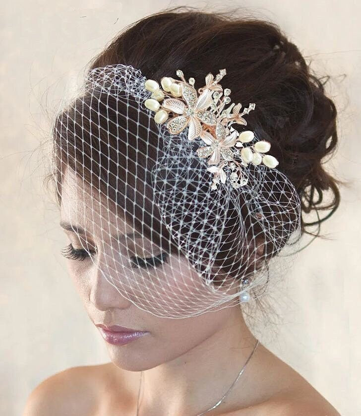 Crystal Birdcage Veil headband : Pearl & Rhinestone headband, Silver/Gold