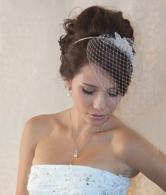 Wedding Birdcage Veil with Crystal rhinestone brooch VI01 Comb or Headband. .